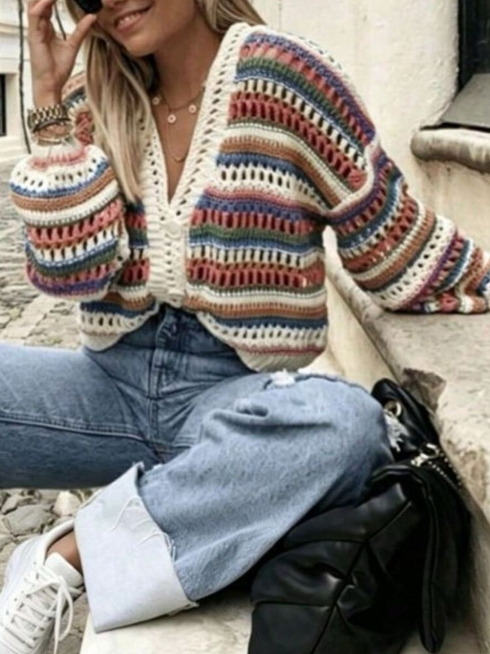 Striped Crochet Knit Cardigan - Picture 2 of 5